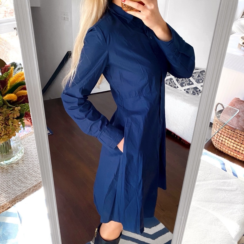 💙 MANGO NAVY COTTON LONG SLEEVE COLLARED KNEE LENGTH BUTTON DOWN DRESS! - Picture 3 of 12